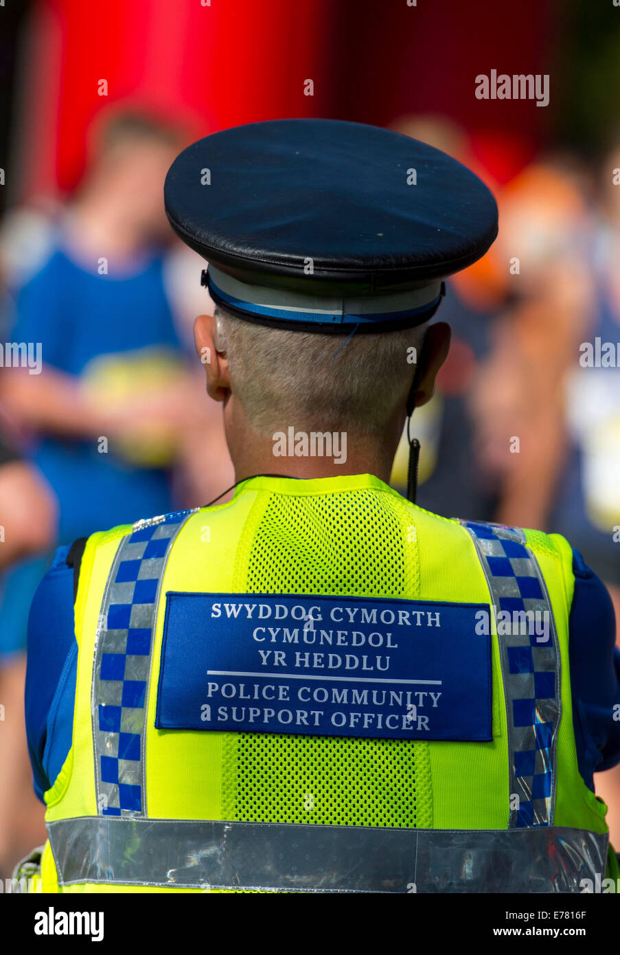 Una polizia gallese il sostegno comunitario officer (PCSO) guarda su nel corso di un evento. Foto Stock