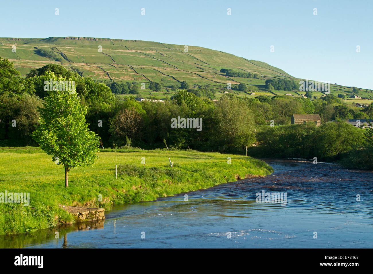 Paesaggio rurale vicino a villaggio inglese di Hawes con campi di smeraldo e fattorie confinanti con acque blu del Fiume Ure e cloaking colline nelle vicinanze Foto Stock