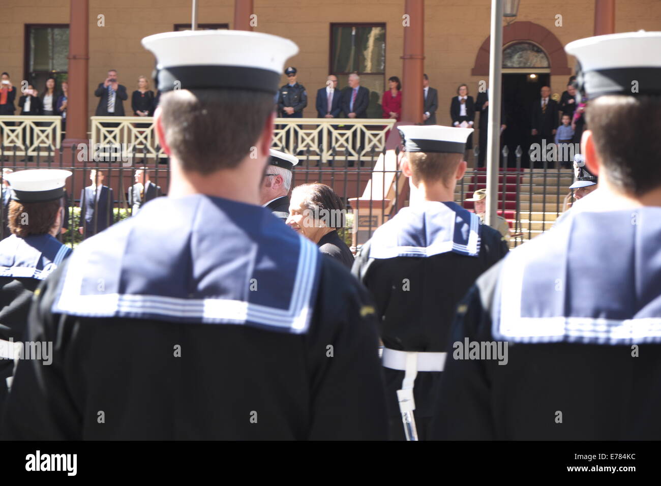 Sydney, Australia. 09Sep, 2014. Il Governatore del New South Wales, Dame Marie Bashir, è onorata dal Nuovo Galles del Sud come il Parlamento si prepara a ritirarsi dalla vita pubblica. Accompagnato da una guardia d'onore il governatore ha aperto ufficialmente la 55a sessione del Parlamento di Stato credito: martin berry/Alamy Live News Foto Stock