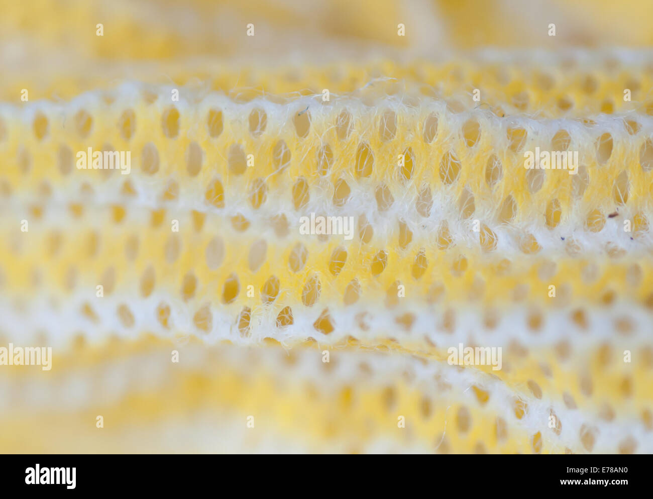 Tessuto di sfondo di texture. Immagine macro di giallo e bianco rag lavastoviglie con texture. Foto Stock