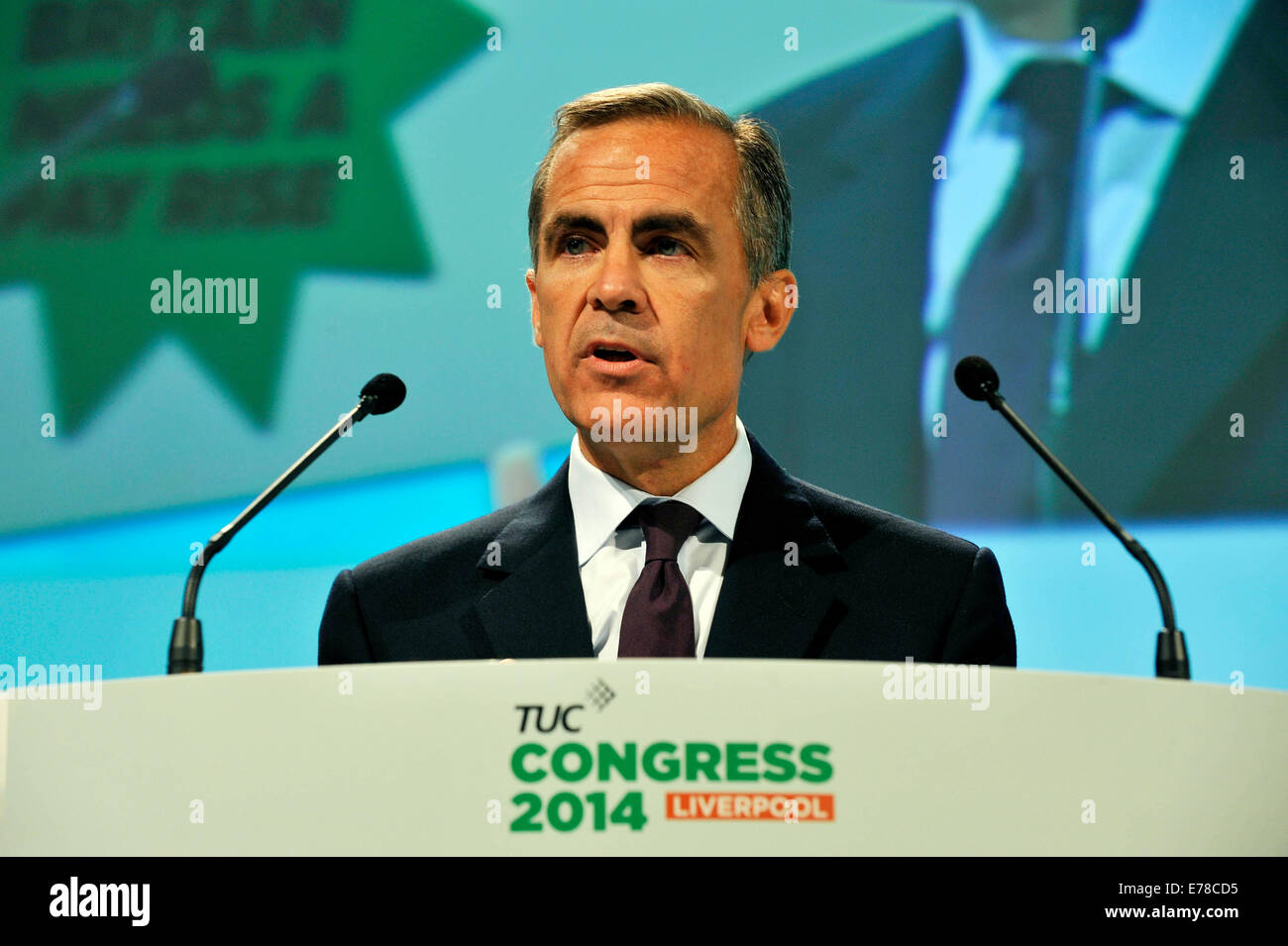 Liverpool, Regno Unito. Il 9 settembre, 2014. Mark Carney Governatore della Banca d'Inghilterra parlando alla conferenza TUC BT Convention Centre Liverpool Credit: Della Batchelor/Alamy Live News Foto Stock