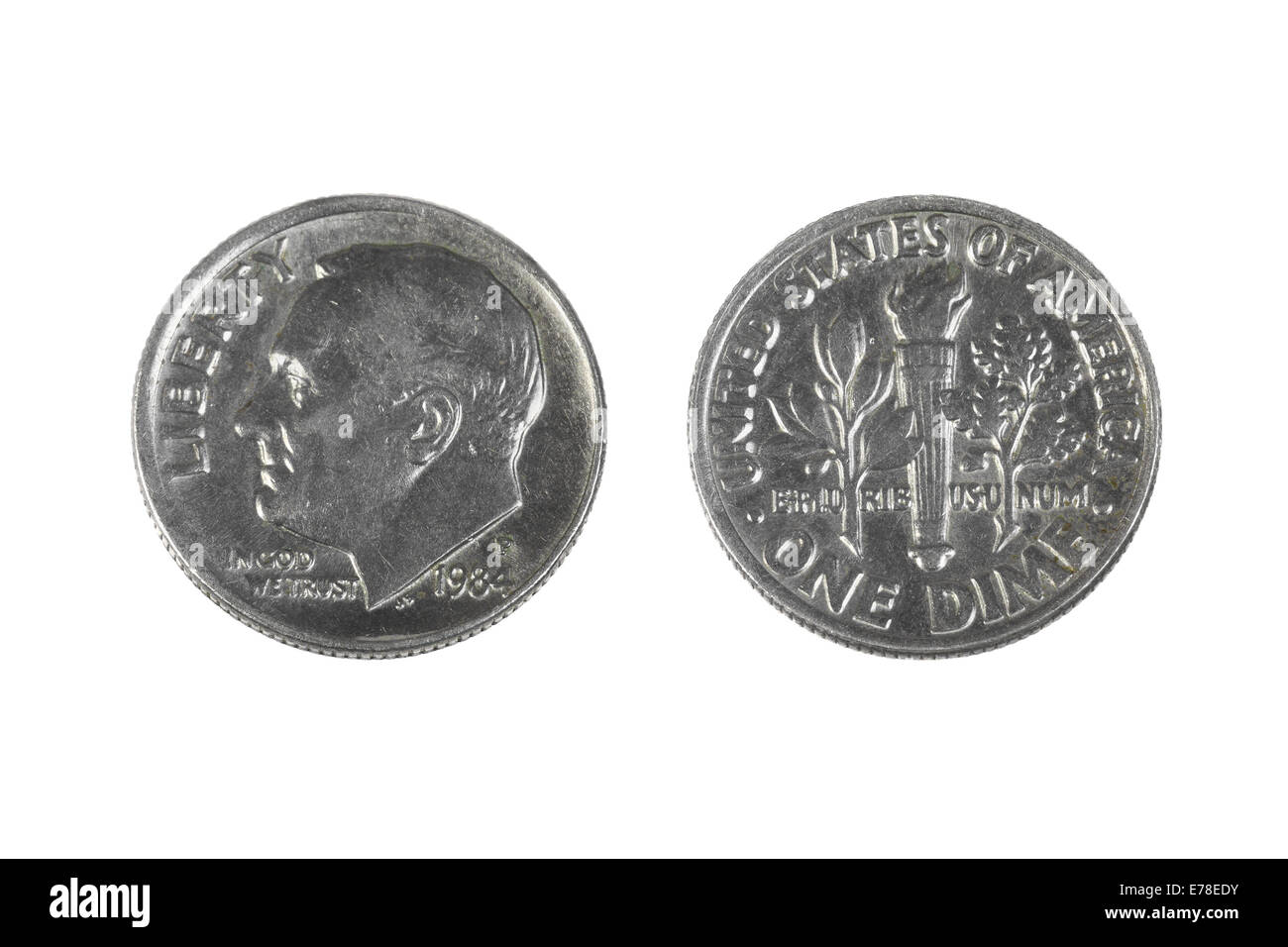 American dime (10 centesimi) moneta entrambi i lati isolati su sfondo bianco Foto Stock