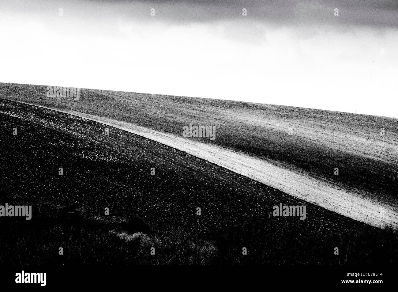 Alto contrasto, in bianco e nero girato di un campo arato vicino Piddinghoe, East Sussex Foto Stock