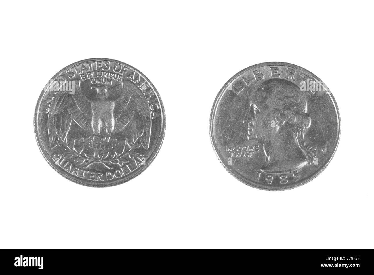 Quarto di Dollaro moneta DA STATI UNITI D'AMERICA. Entrambi i lati isolati su sfondo bianco Foto Stock