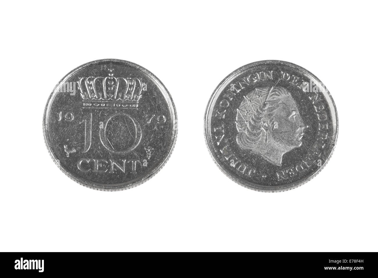 Dieci centesimi moneta da Paesi Bassi, obsoleto decimo del fiorino olandese. Entrambi i lati isolati su sfondo bianco Foto Stock