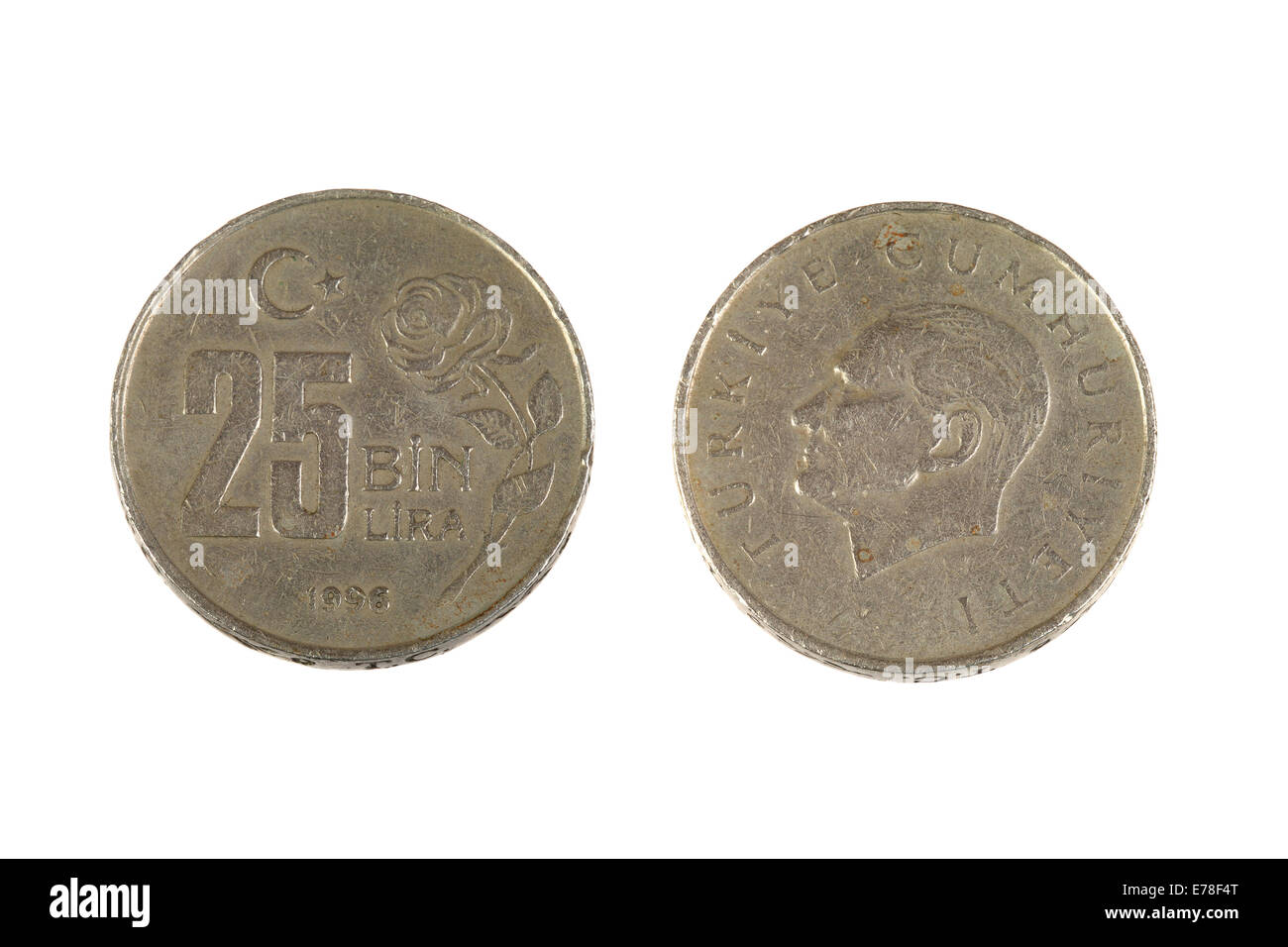 Vecchio graffiato monete di 25 migliaia lira turca. Macro closeup di entrambi i lati Foto Stock