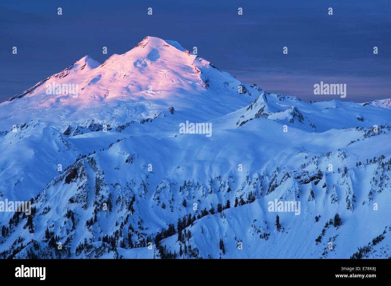 Nevai e ghiacciai del Monte Baker, 10,781 ft (3,286 m) candele alla luce di un alba d'inverno. North Cascades Washington Foto Stock