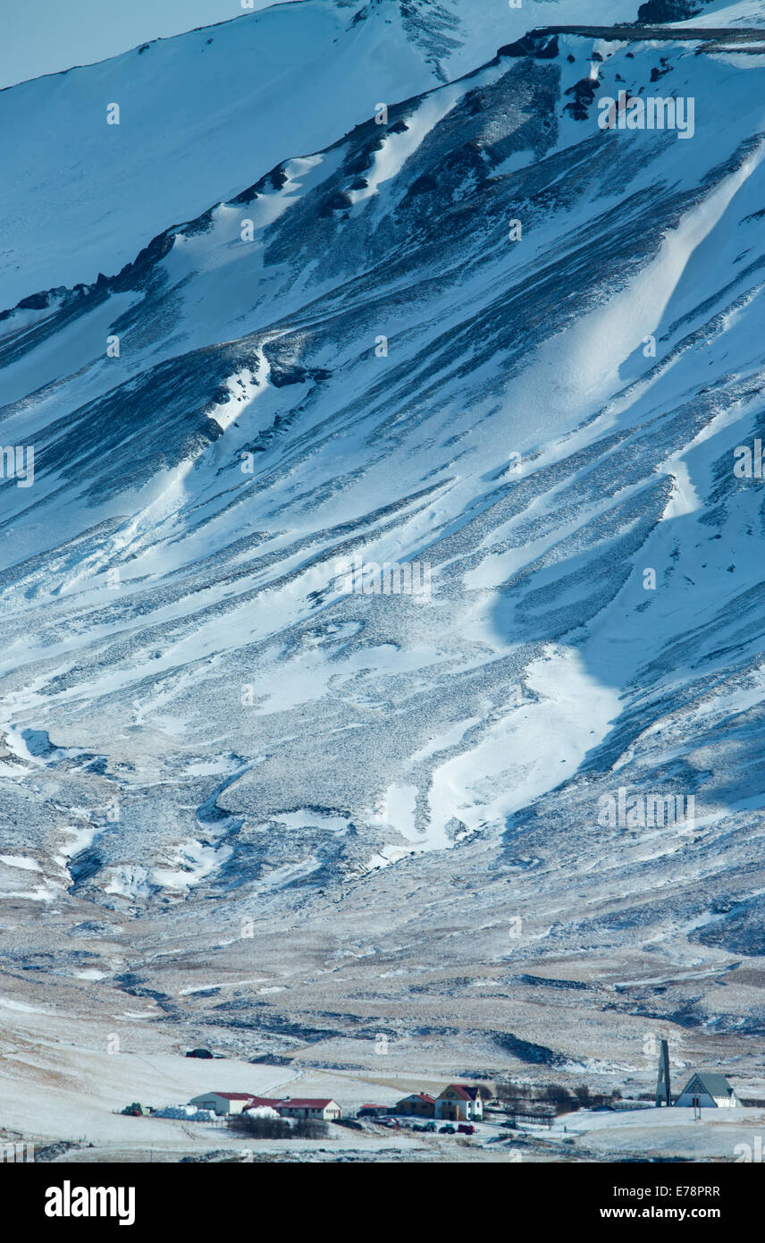 Agriturismi sopraffatte dalla massa ghiacciata di Eyjafjallajökull, sud dell'Islanda Foto Stock