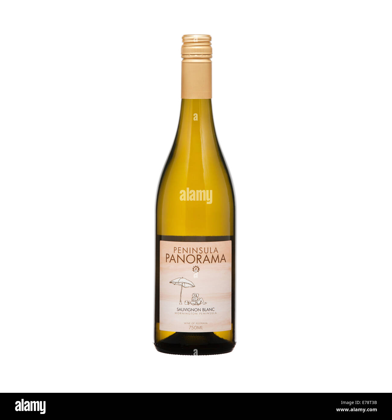 Australian vino bianco bottiglia isolato su sfondo bianco Australia Victoria Au. In verde bottiglia con vite oro tappo superiore. Foto Stock