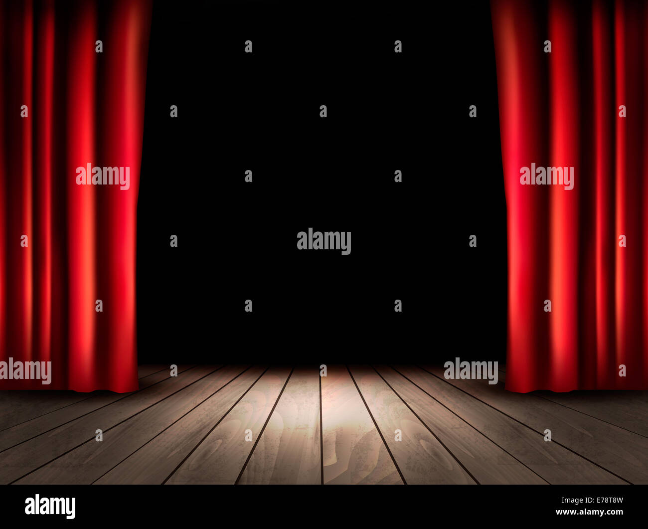 Palcoscenico teatrale con pavimento in legno e tende rosse. Vettore Foto  stock - Alamy