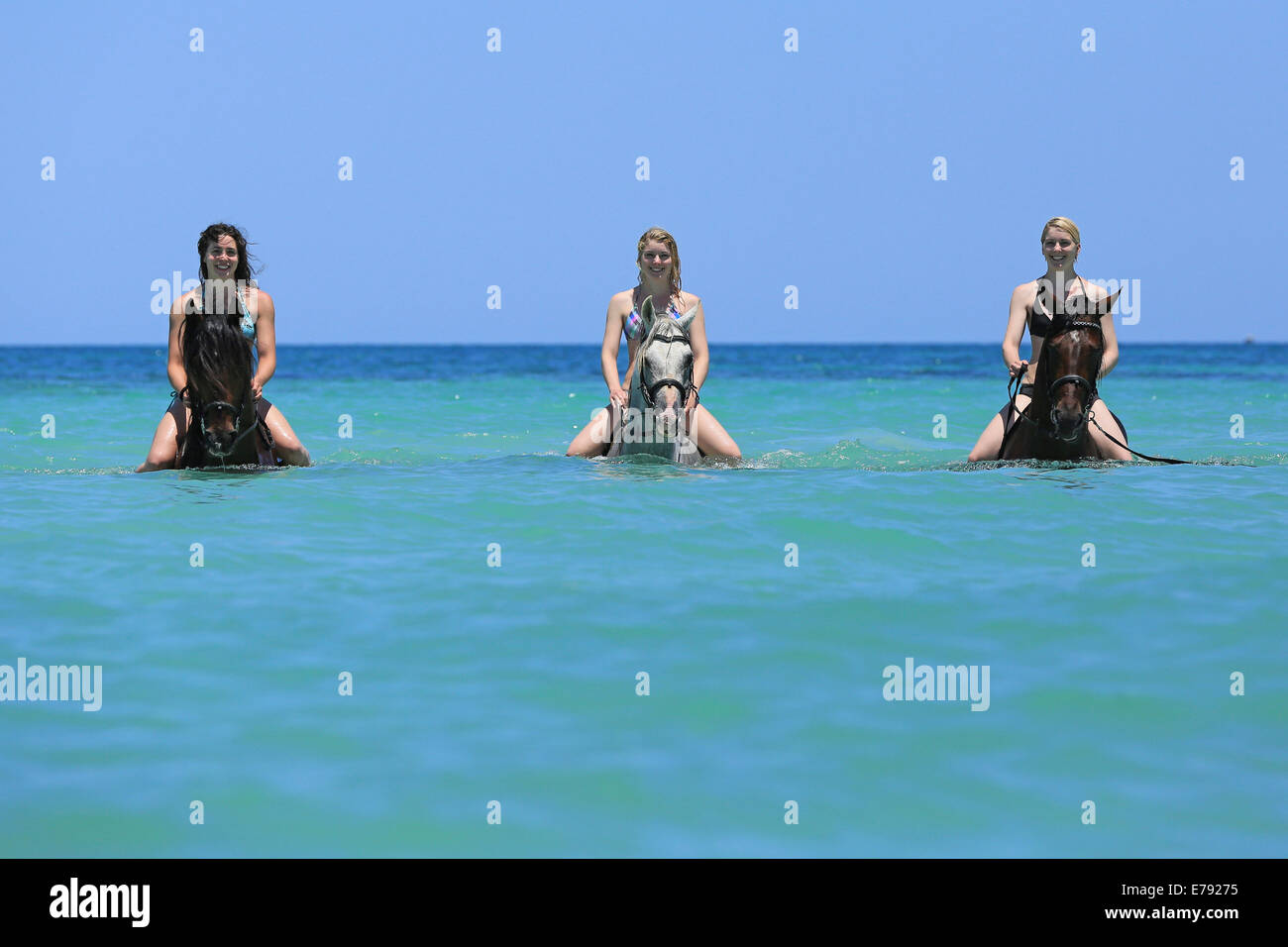 Tre donne che indossano bikini cavalcare cavalli portagomma in mare, equitazione vacanze, Djerba, Tunisia Foto Stock