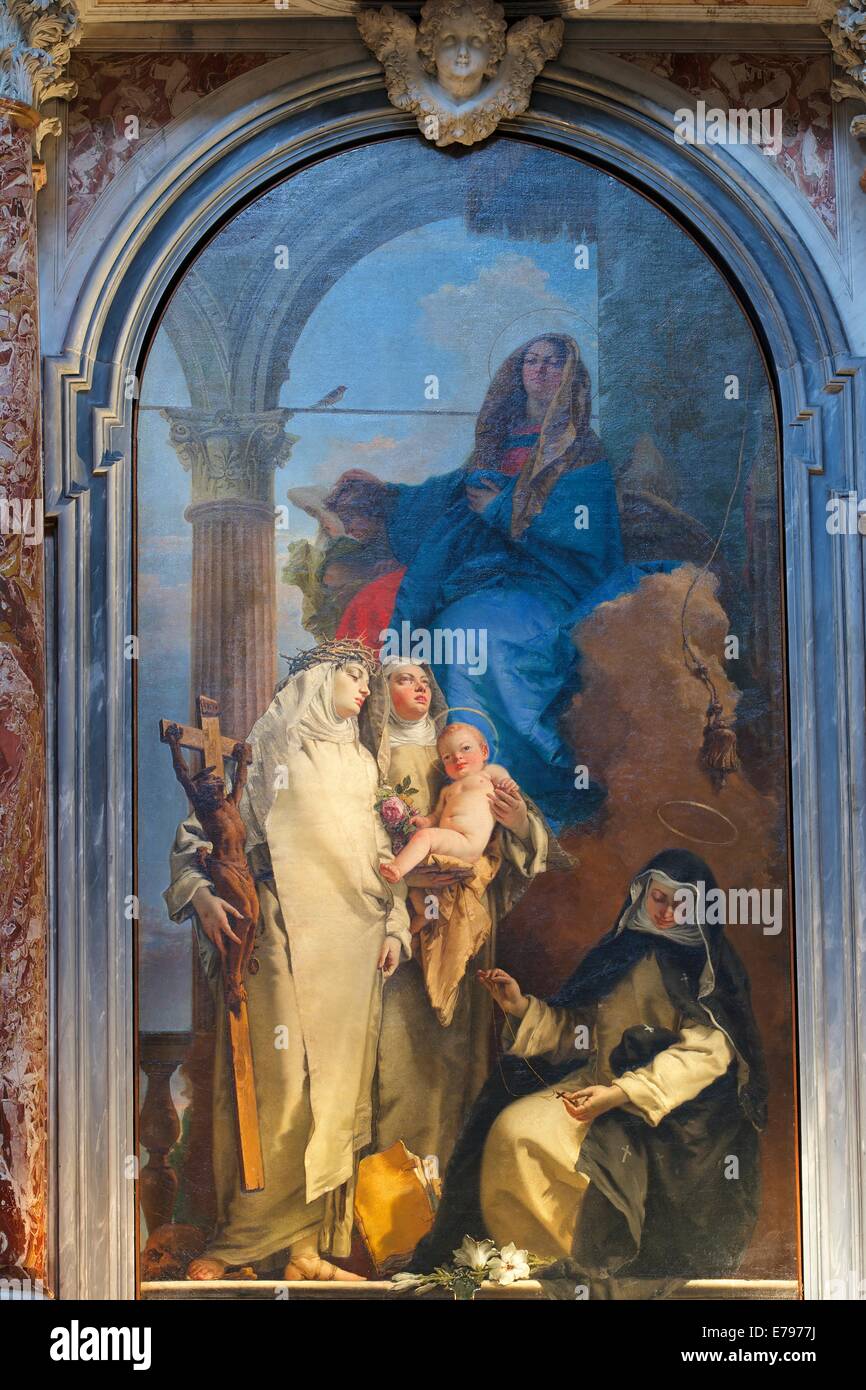 La Vergine con i Santi Rosa di Lima, Caterina da Siena e Agnese di Montepulciano, di Giambattista Tiepolo, 1748, Santa M. Foto Stock