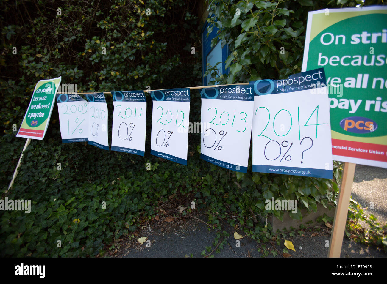10 Settembre, 2014, Aberystwyth, Wales, Regno Unito. I membri dei tre Sindacati presso la Biblioteca Nazionale del Galles - Prospettiva, PC e FDA - unirsi insieme per una giornata di azione industriale per richiamare l attenzione sulla istituzione di cura. Personale biblioteca non hanno ricevuto un consolidato aumento di stipendio (cioè un permanente aumento di stipendio che conta verso i contributi pensionistici) dal 2009, che ha portato a un 20% di real-termini caduta nel valore dei loro salari. Credito: atgof.co/Alamy Live News Foto Stock