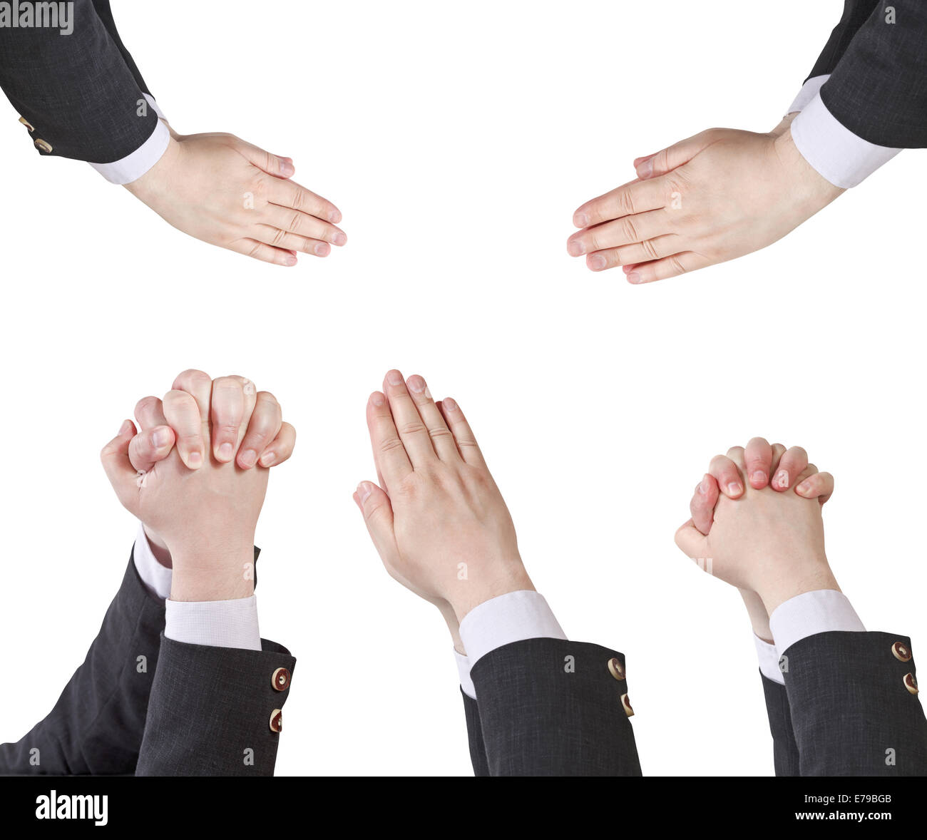 Set di imprenditore mani giunte - mano gesto isolato su sfondo bianco Foto Stock