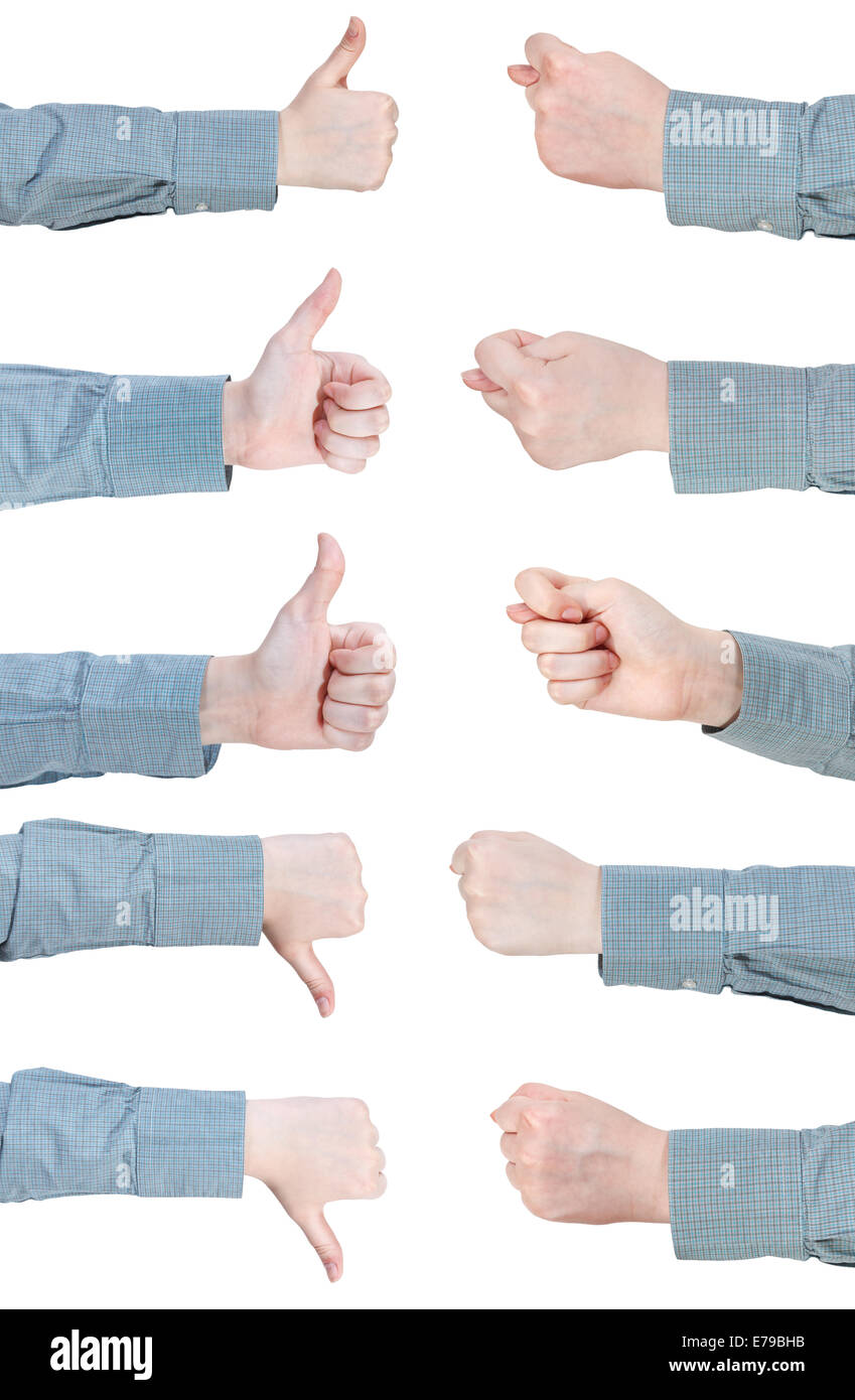 Set di mano femminile gesto con il pollice isolati su sfondo bianco Foto Stock
