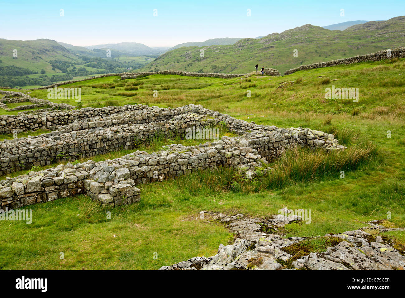 Estese rovine dell antica fortificazione romana a Hardknott Pass circondato dalle cime delle montagne e delle valli del Lake District inglese Foto Stock