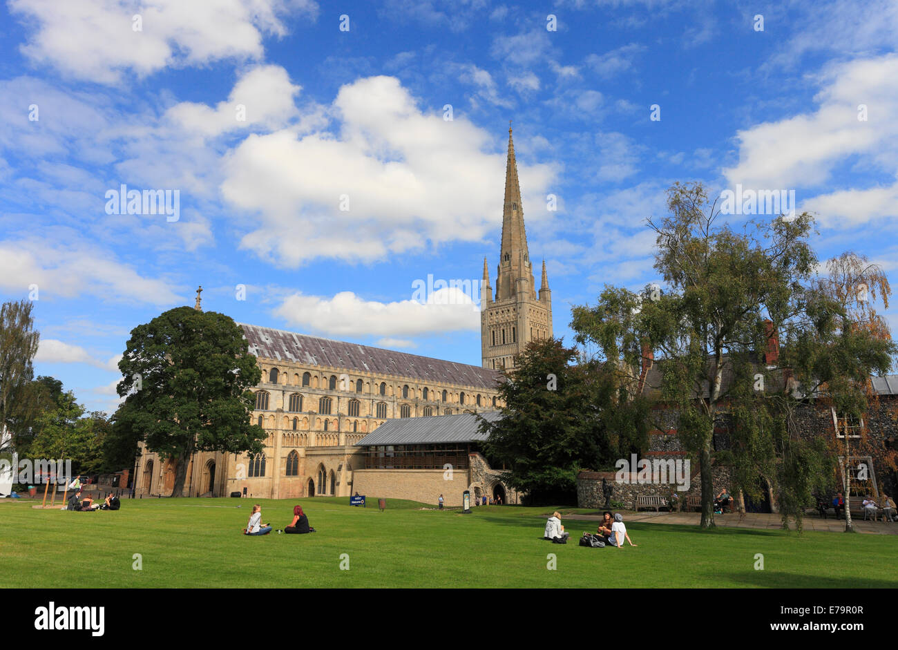 Cattedrale di Norwich, Norfolk, con le persone che si godono i motivi. Foto Stock