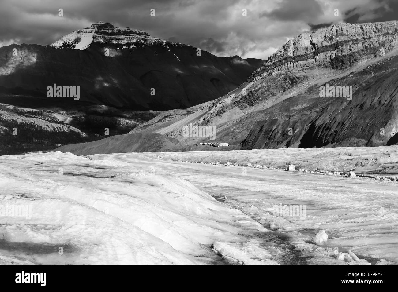 Athabasca route bus - Bus percorso su ghiacciaio Athabasca in bianco e nero Foto Stock