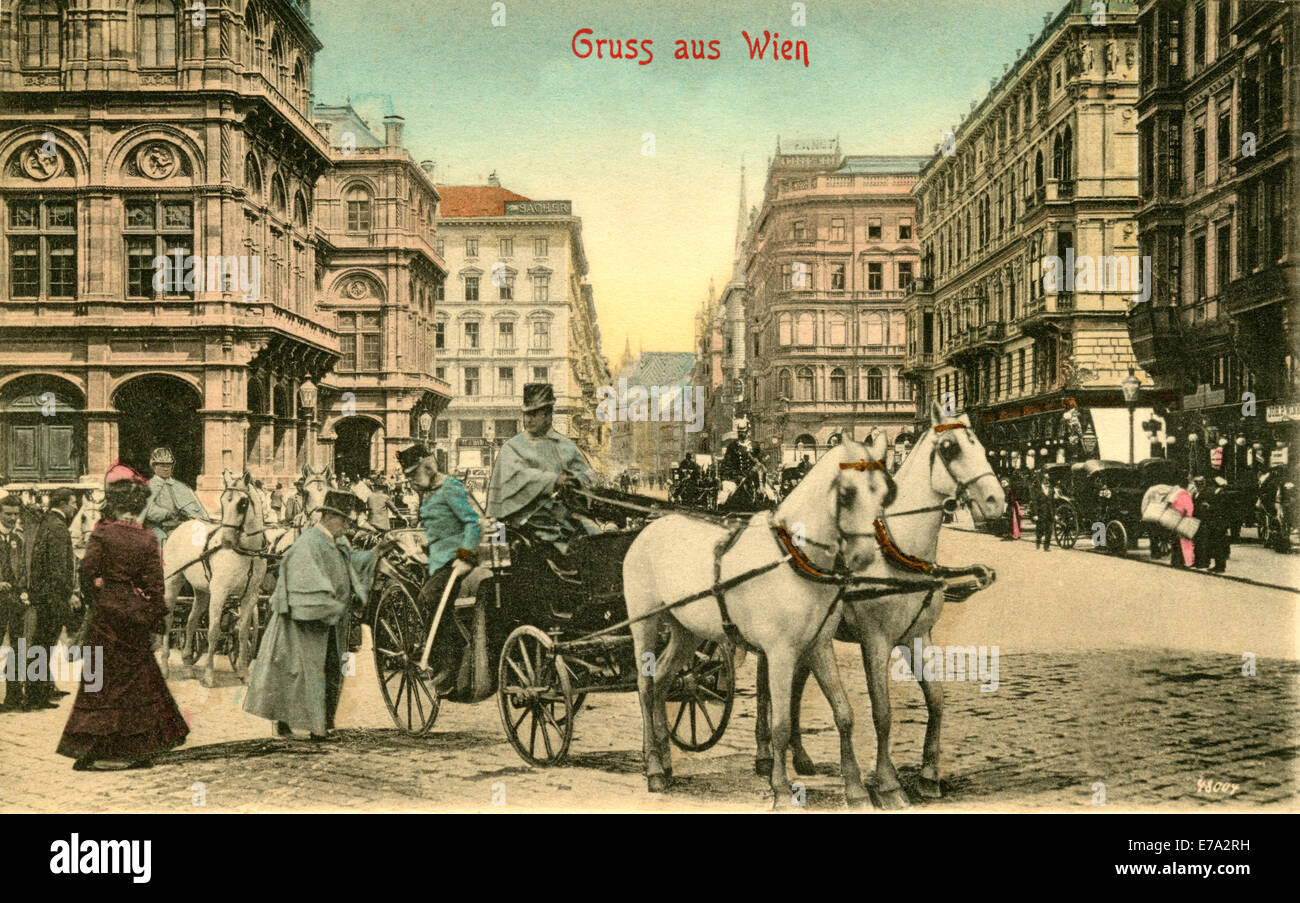 Franz Joseph I, arrivando a corte Opera House, Saluti da Vienna, cartolina Foto Stock
