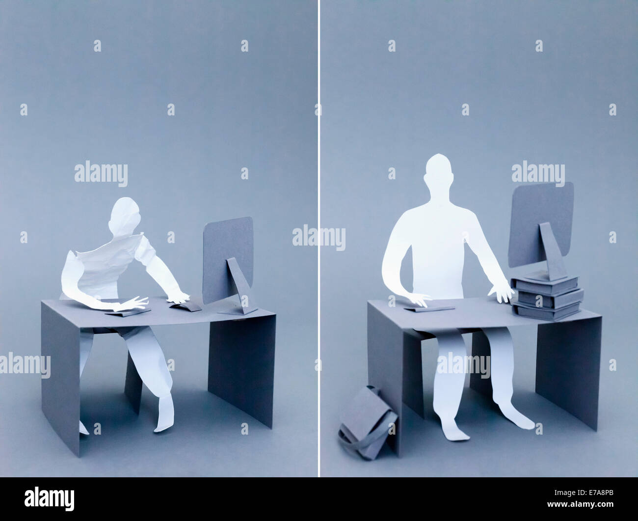 Collage di stanchi e fiduciosi gli imprenditori della carta funziona su sfondo grigio Foto Stock