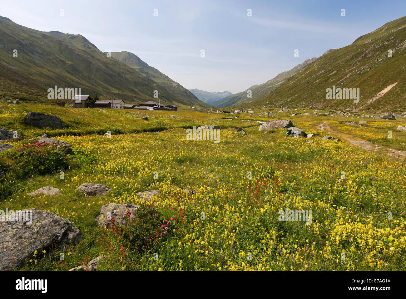 Vista verso Dürrboden, Dischma Valley, Davos, Grigioni, Svizzera Foto Stock