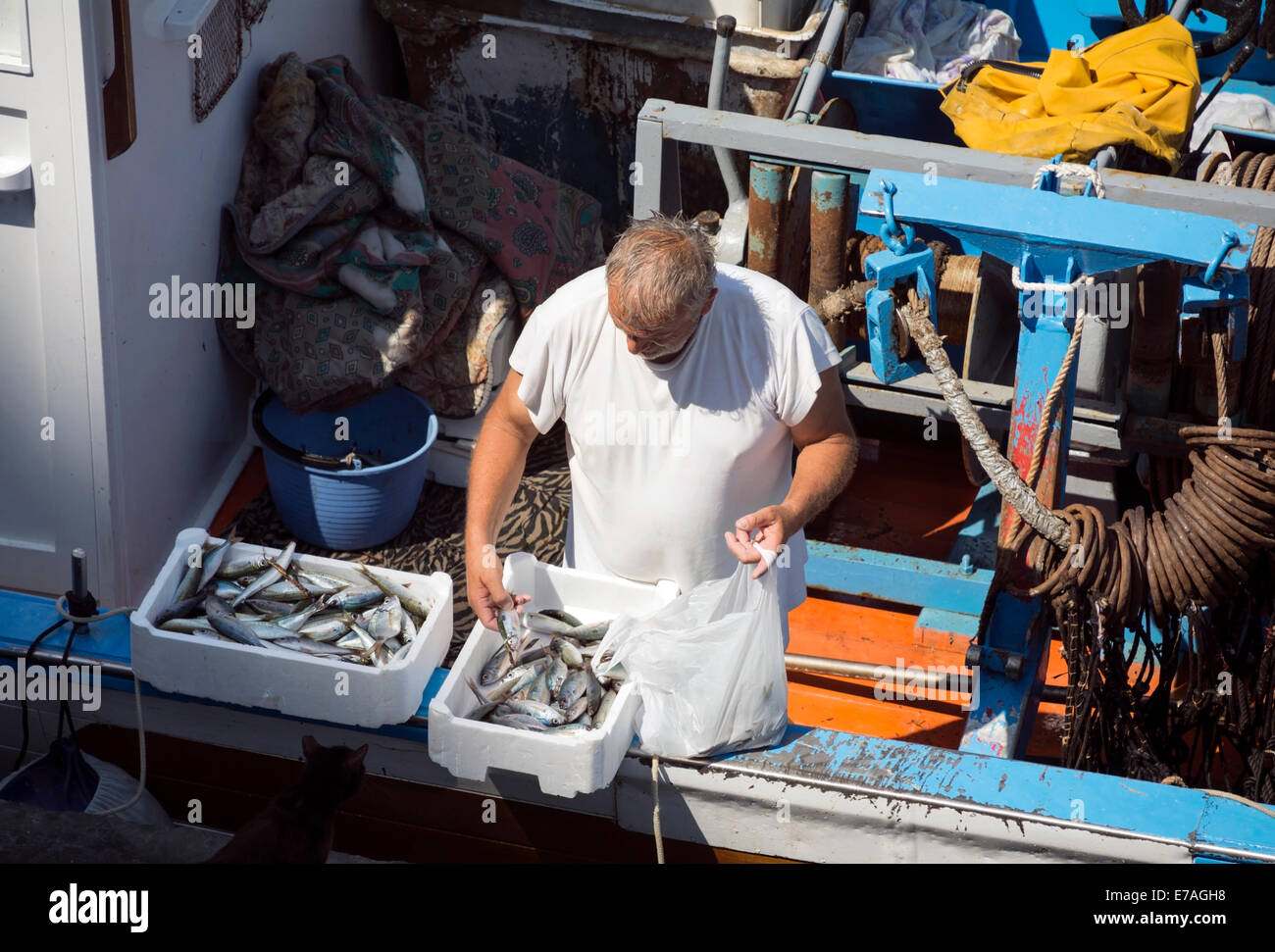 Un pescatore di vendita del pesce direttamente dalla sua barca. Foto Stock