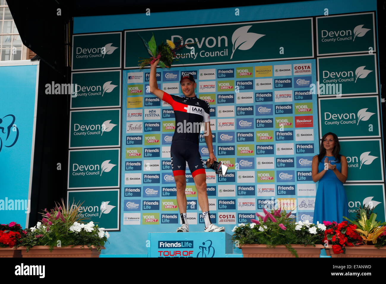 Exeter, Regno Unito. Undicesimo Sep, 2014. Fine della tappa 5 Exmouth per Exeter tappa del tour della Gran Bretagna Matthias Brandle vince. Credito: Anthony Collins/Alamy Live News Foto Stock