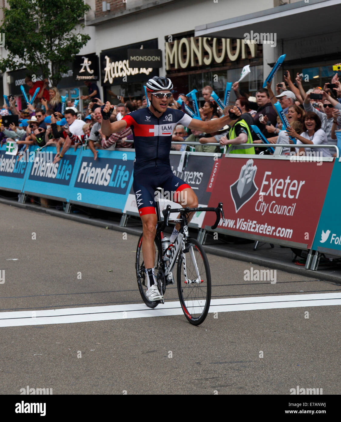 Exeter, Regno Unito. Undicesimo Sep, 2014. Fine della tappa 5 Exmouth per Exeter tappa del tour della Gran Bretagna Matthias Brandle vince. Credito: Anthony Collins/Alamy Live News Foto Stock