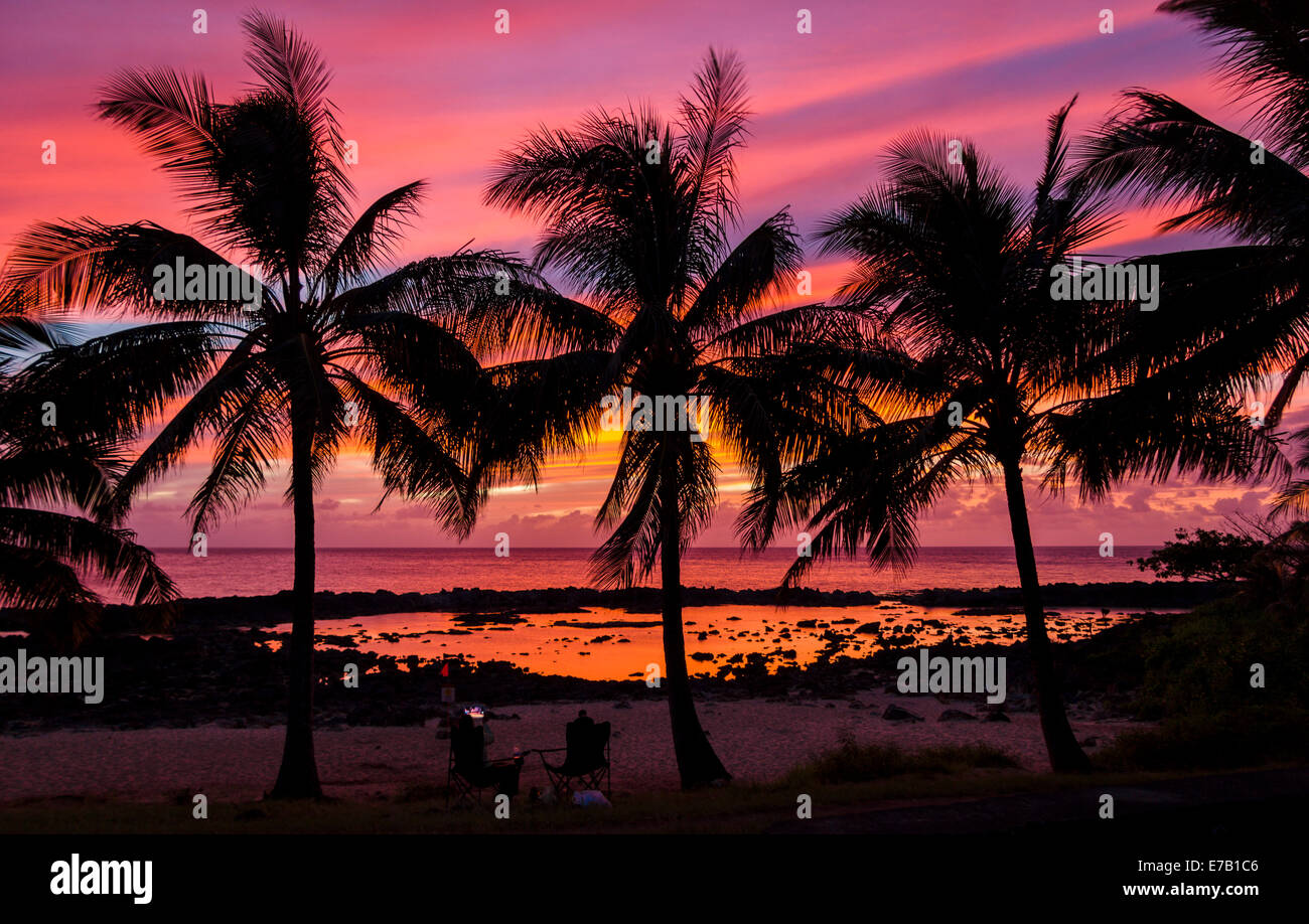 Una persona non identificabili utilizza un iPad per fotografare un bellissimo tramonto con palme vicino a Shark's Cove, Oahu, Hawaii Foto Stock