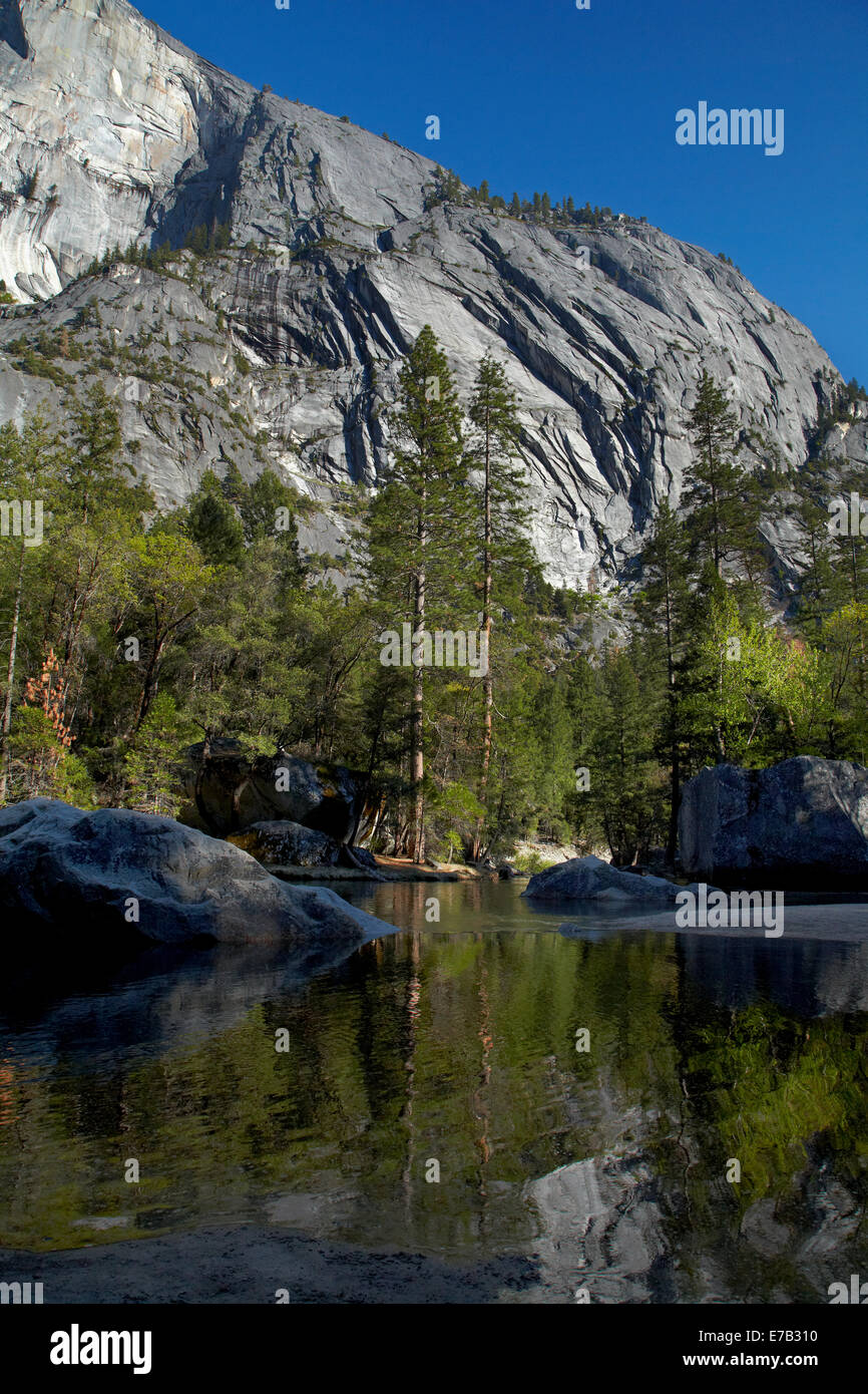 A nord-ovest di fronte di Half Dome, riflesso nel Mirror Lake, il Parco Nazionale Yosemite in California, Stati Uniti d'America Foto Stock