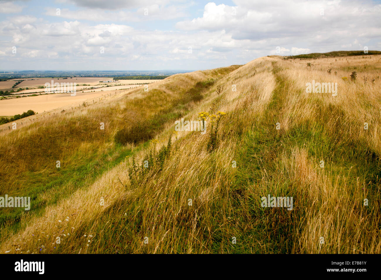 Fossato e terrapieno bastioni di epoca preistorica hill fort di Liddington Castle, Wiltshire, Inghilterra Foto Stock