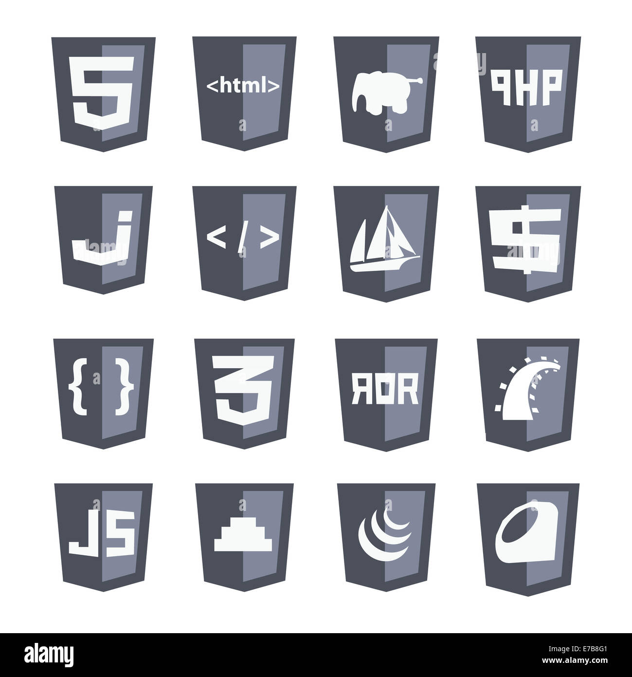 Vettore protezioni web icon set grigio variante: HTML5, CSS3, php, script tags, staffe - isolato design piatto illustrazione su bianco Foto Stock