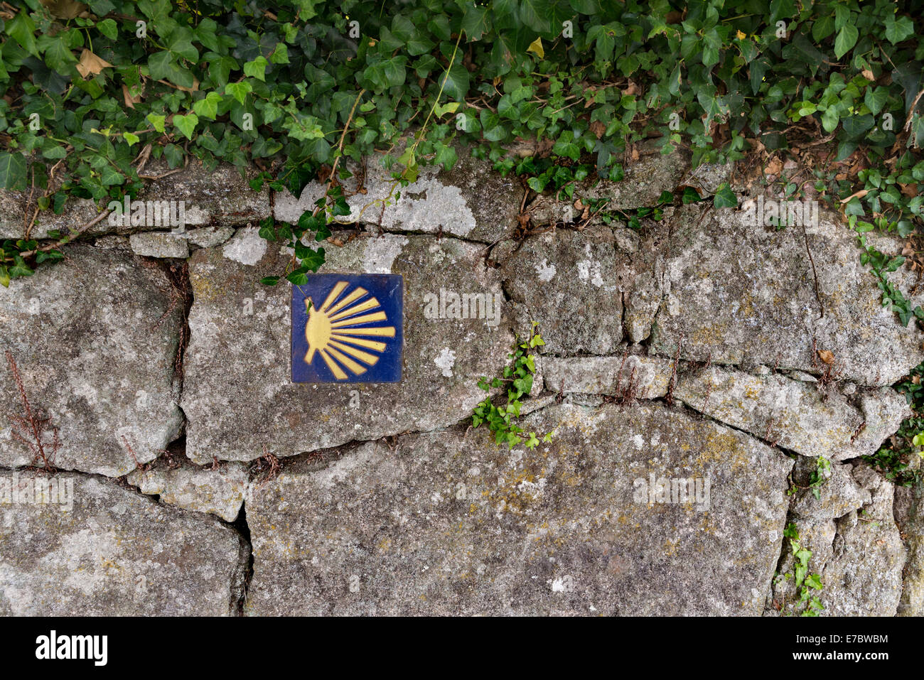 Strada di orientamento per Santiago su una parete di granito. Spagna Foto Stock
