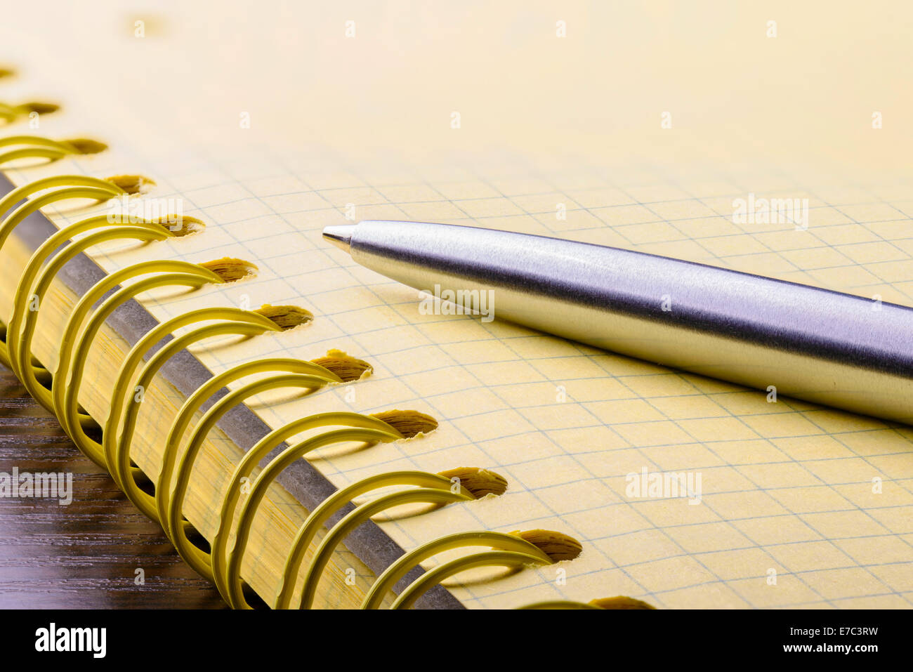Macro della spirale di una carta gialla notebook con una penna metallica Foto Stock
