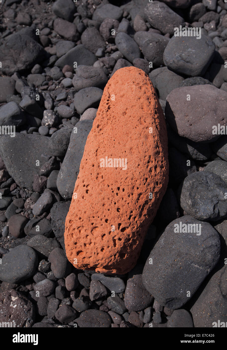 Una sola pietra arancione circondato da pietre di colore nero Foto Stock