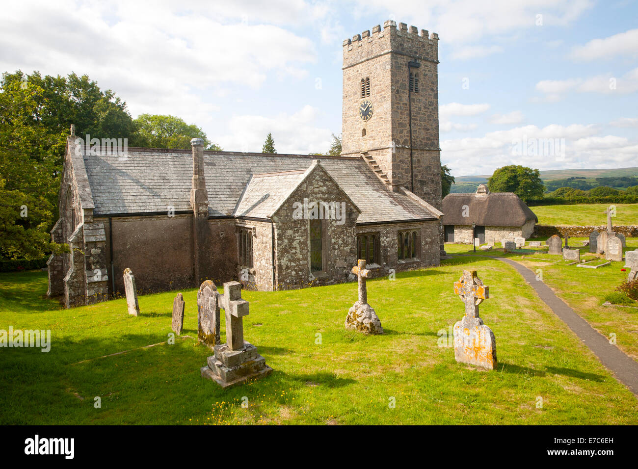 Chiesa parrocchiale di San Pietro, Buckland in moro, parco nazionale di Dartmoor, Devon, Inghilterra Foto Stock