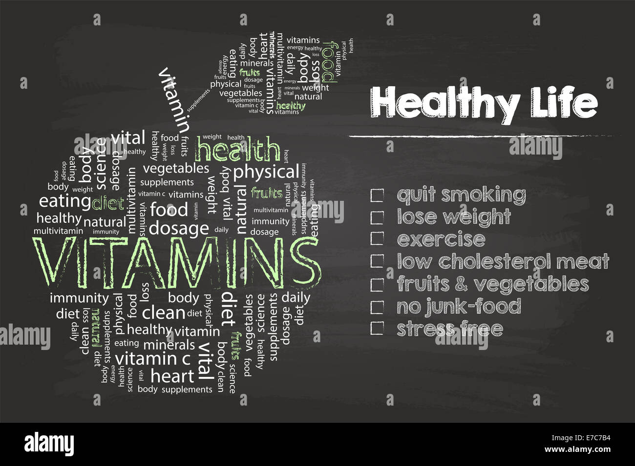 Vita sana passi grafica con vitamine Word cloud di Apple sulla scheda verde Foto Stock