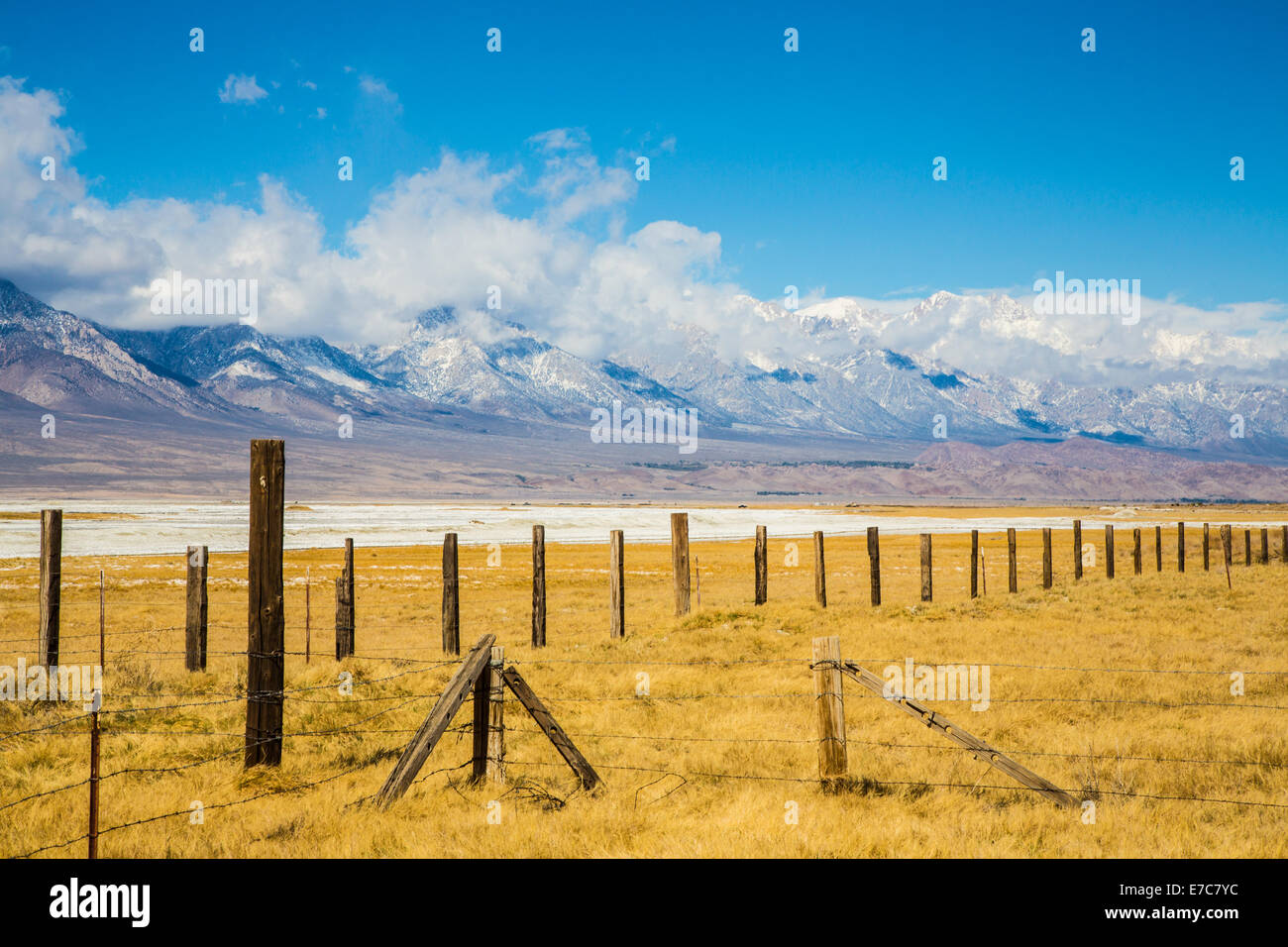 I campi di una vecchia fattoria ai piedi dell'est della catena montuosa della Sierra Nevada. In California, Stati Uniti d'America Foto Stock