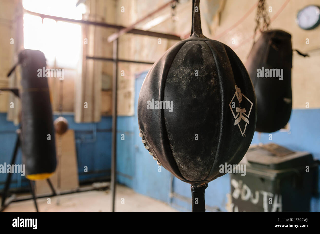 Punchball in un abbandonato boxing club. Foto Stock