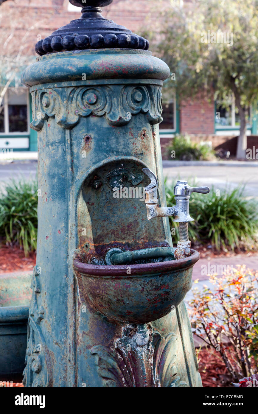 Antiquariato acqua pubblica fontana sorge su Centre Street nel quartiere storico di Fernandina Beach, Florida, Stati Uniti d'America. Foto Stock