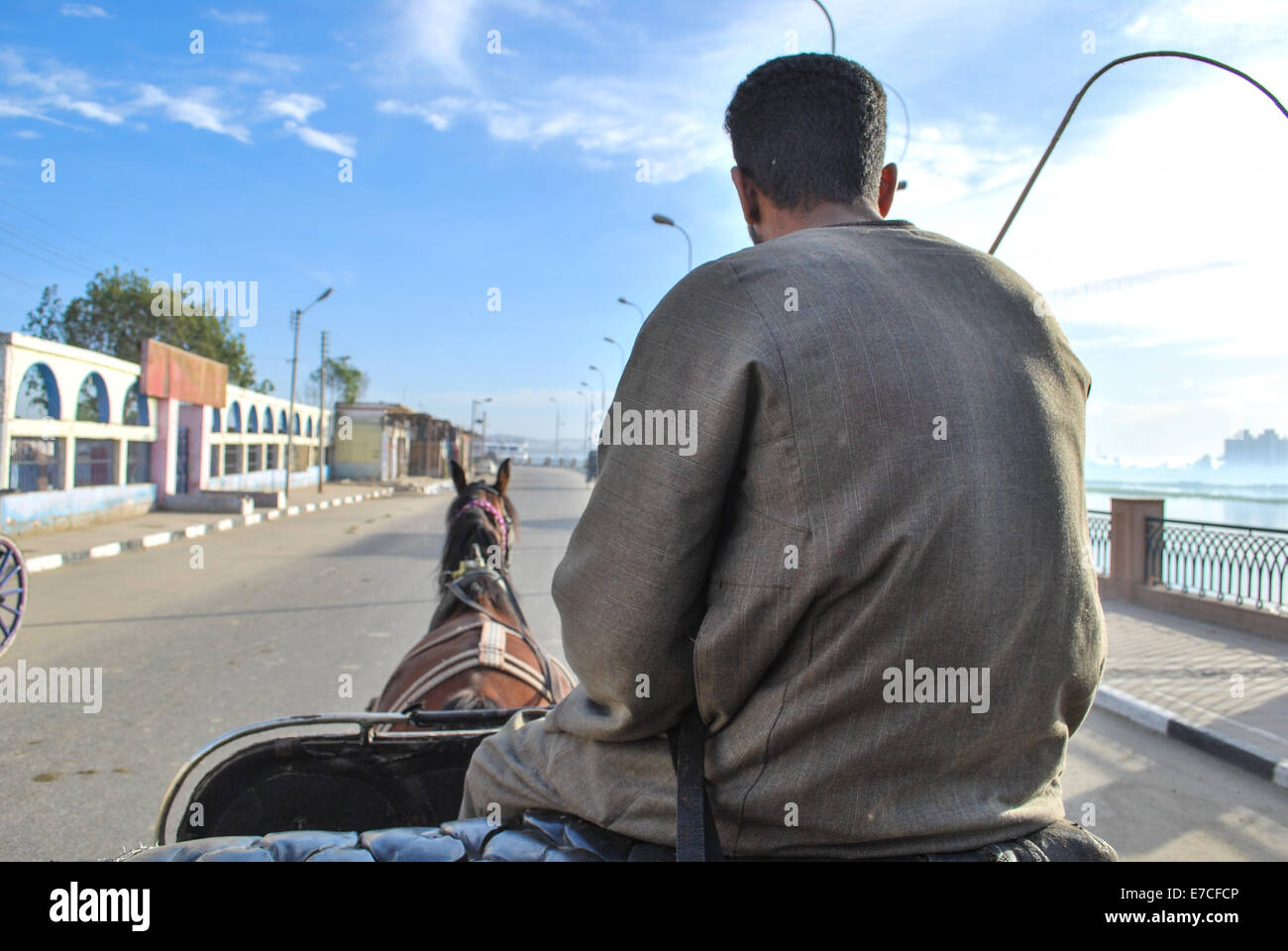 Un carro trainato da cavalli ride in Edfu, Egitto Foto Stock