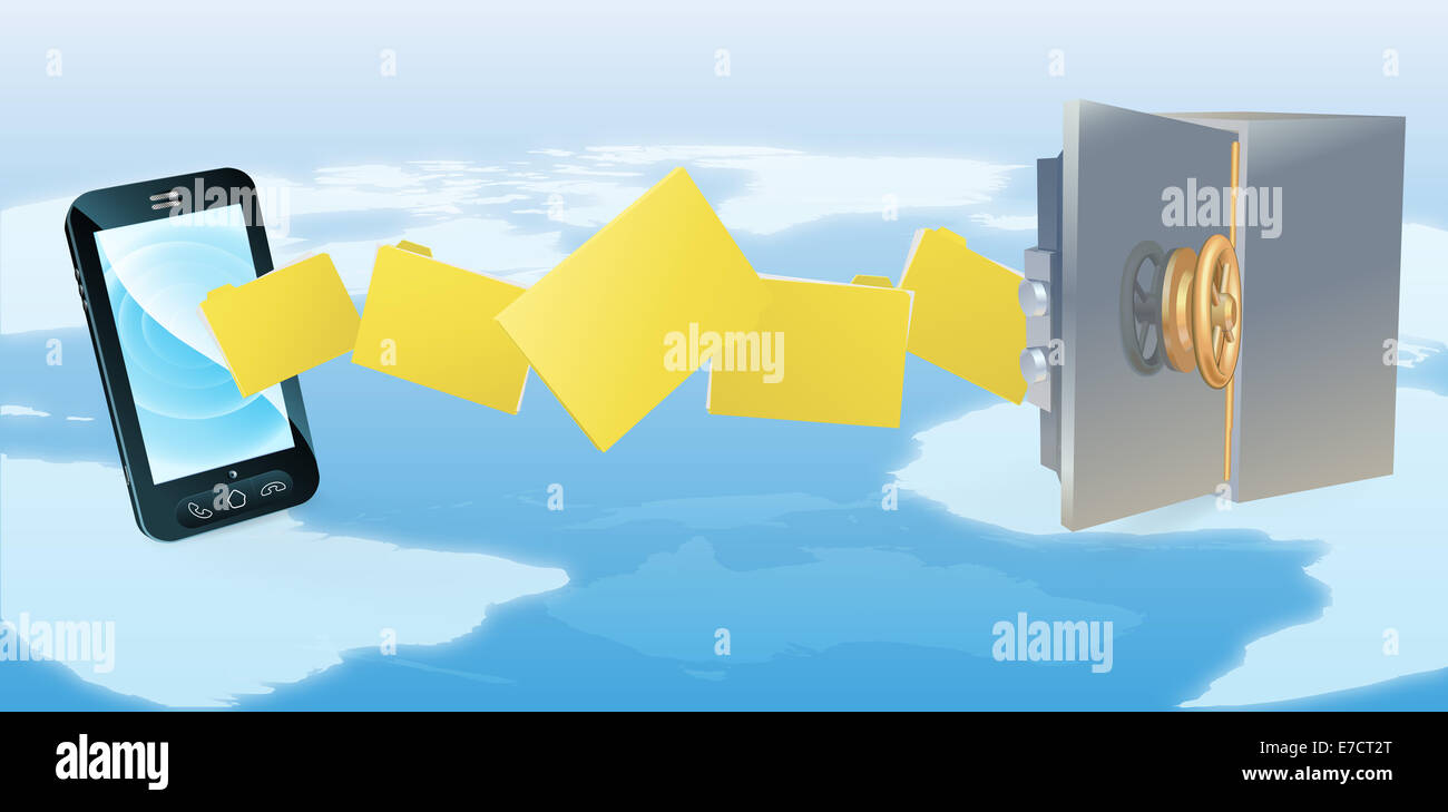Telefono cellulare di sicuro trasferimento sicuro di concetto di backup di spostamento dei file dal telefono cellulare al sicuro con World in background. Foto Stock