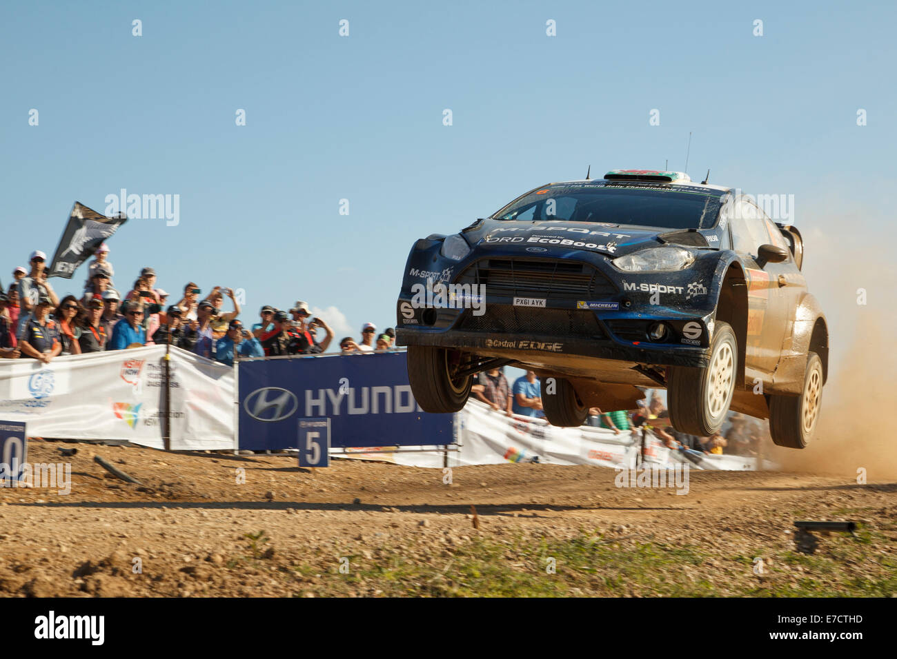 Coffs Harbour, Australia, domenica 14 settembre, 2014. Elfyn Evans guida per M-Sport World Rally Team. Speciale allo stadio 20, Rally Australia. Evans è riuscito a concludere la gara in ottava posizione complessiva. Credito: Russell Hunter/Alamy Live News Foto Stock