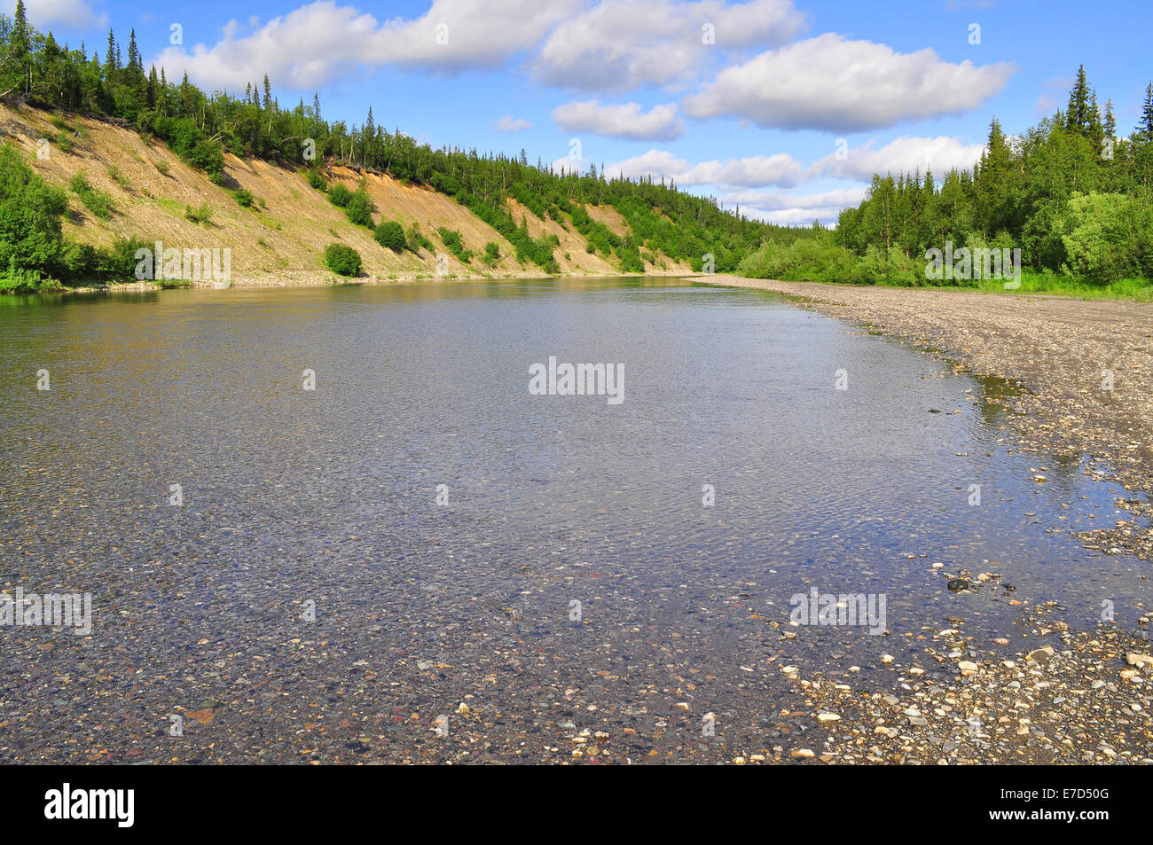 Paesaggio estivo a nord del fiume. Il fiume scorre Kokpela sul versante occidentale degli Urali polari. Foto Stock