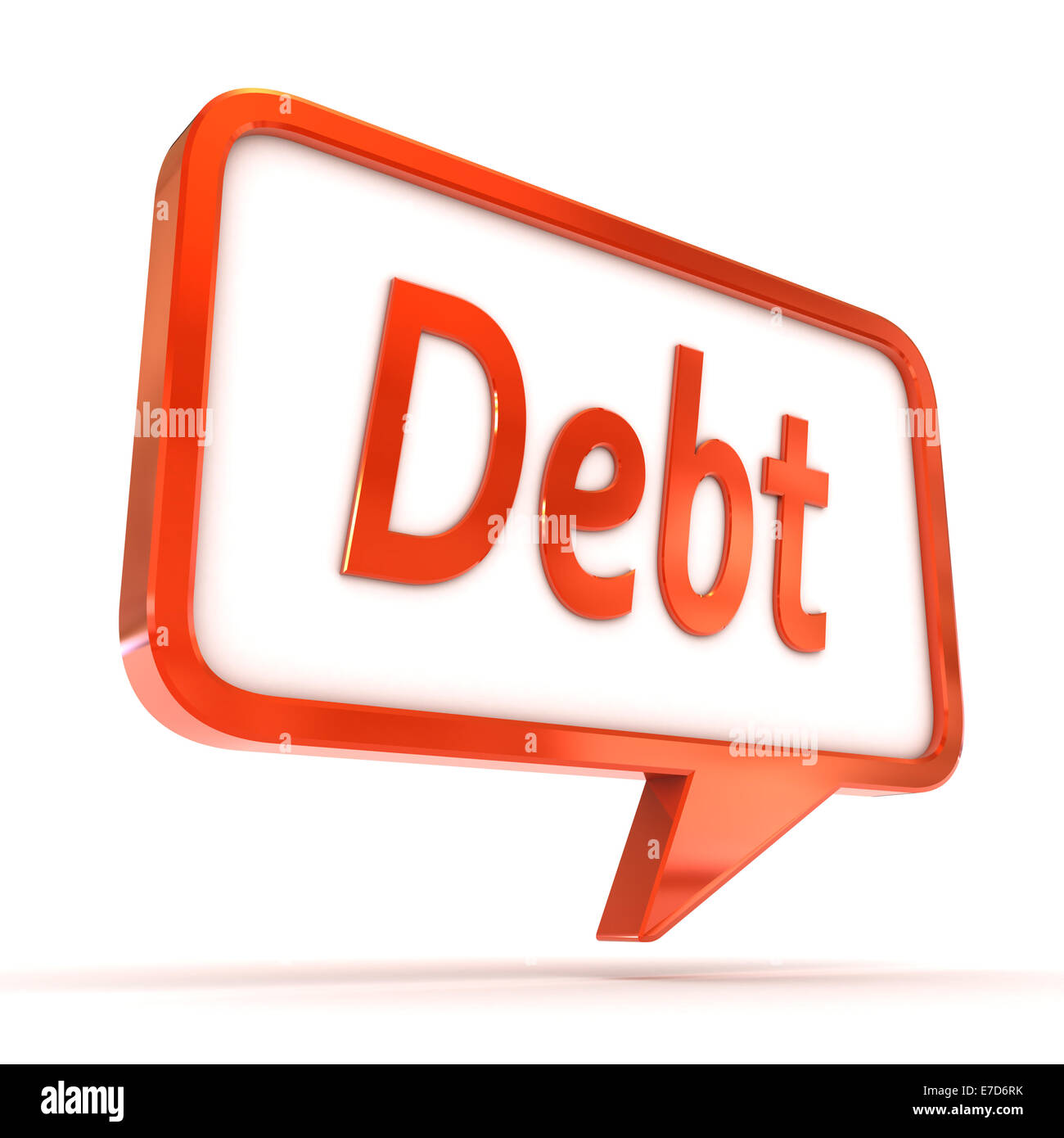 Un colorato rendering 3D illustrazione concettuale che mostra 'Debt' redatto in un discorso bolla Foto Stock