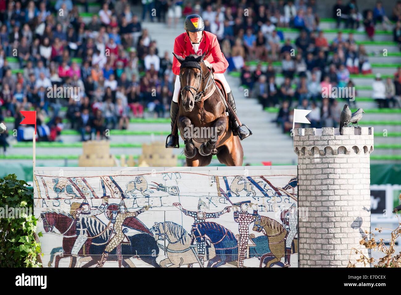 Caen, Francia. 03Sep, 2014. Alltech FEI World Equestrian Games - Jumping Primo Round - Team la concorrenza. Christian AHLMANN (GER) sul Codex. © Azione Sport Plus/Alamy Live News Foto Stock