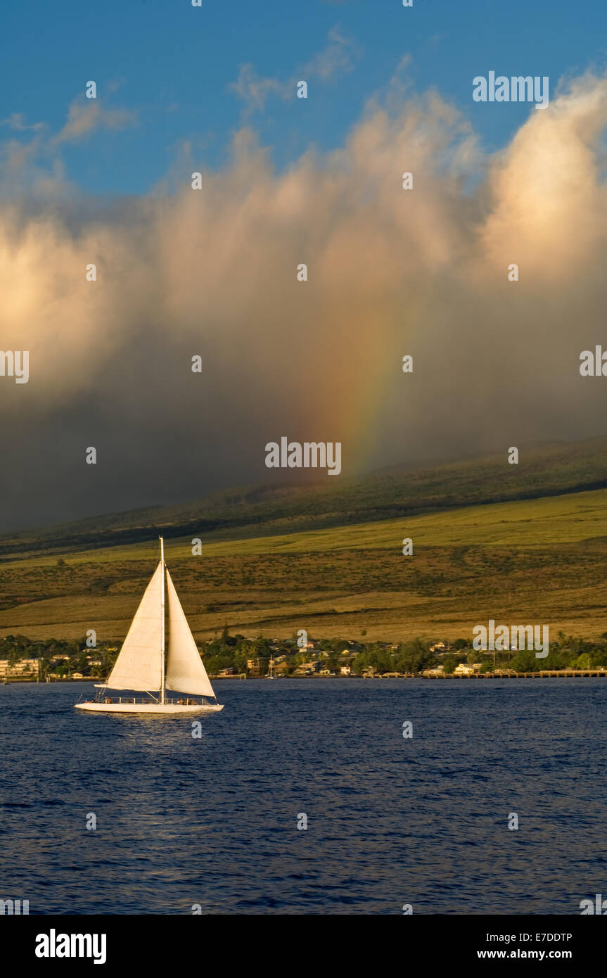 Una barca a vela gode di mare calmo mentre un tardo pomeriggio acquazzone libbre le montagne di West Maui, dietro la trafficata cittadina di Lahaina. Foto Stock