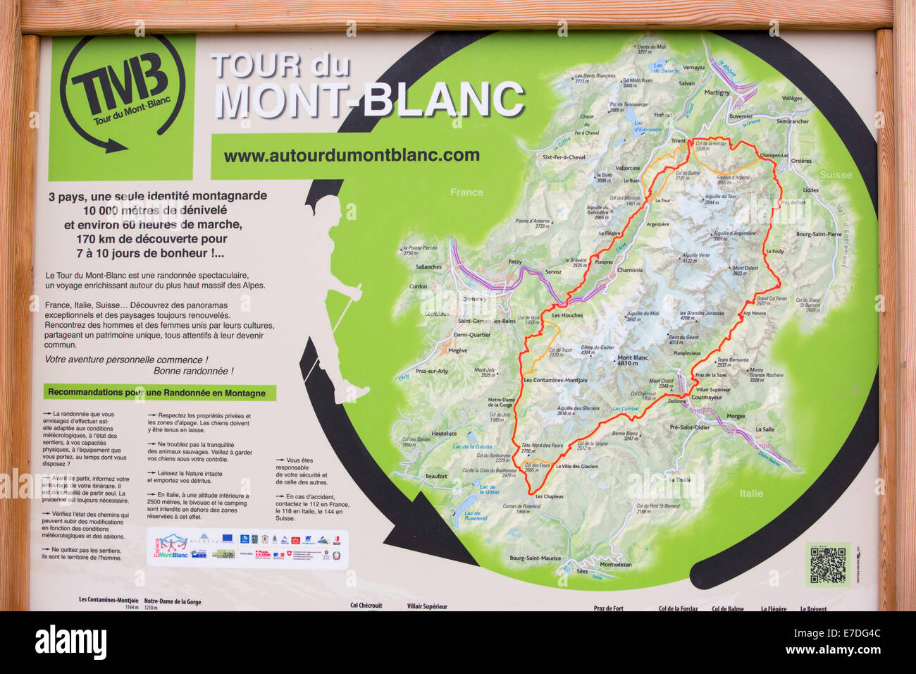 Una mappa del tour du Mont Blanc al di sopra di Les Houches, Francia. Foto Stock