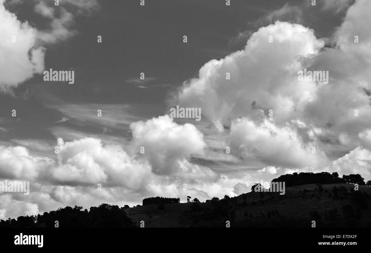 Un'immagine in bianco e nero di un cielo estivo con nuvole di cumuli in Galles, Regno Unito Foto Stock