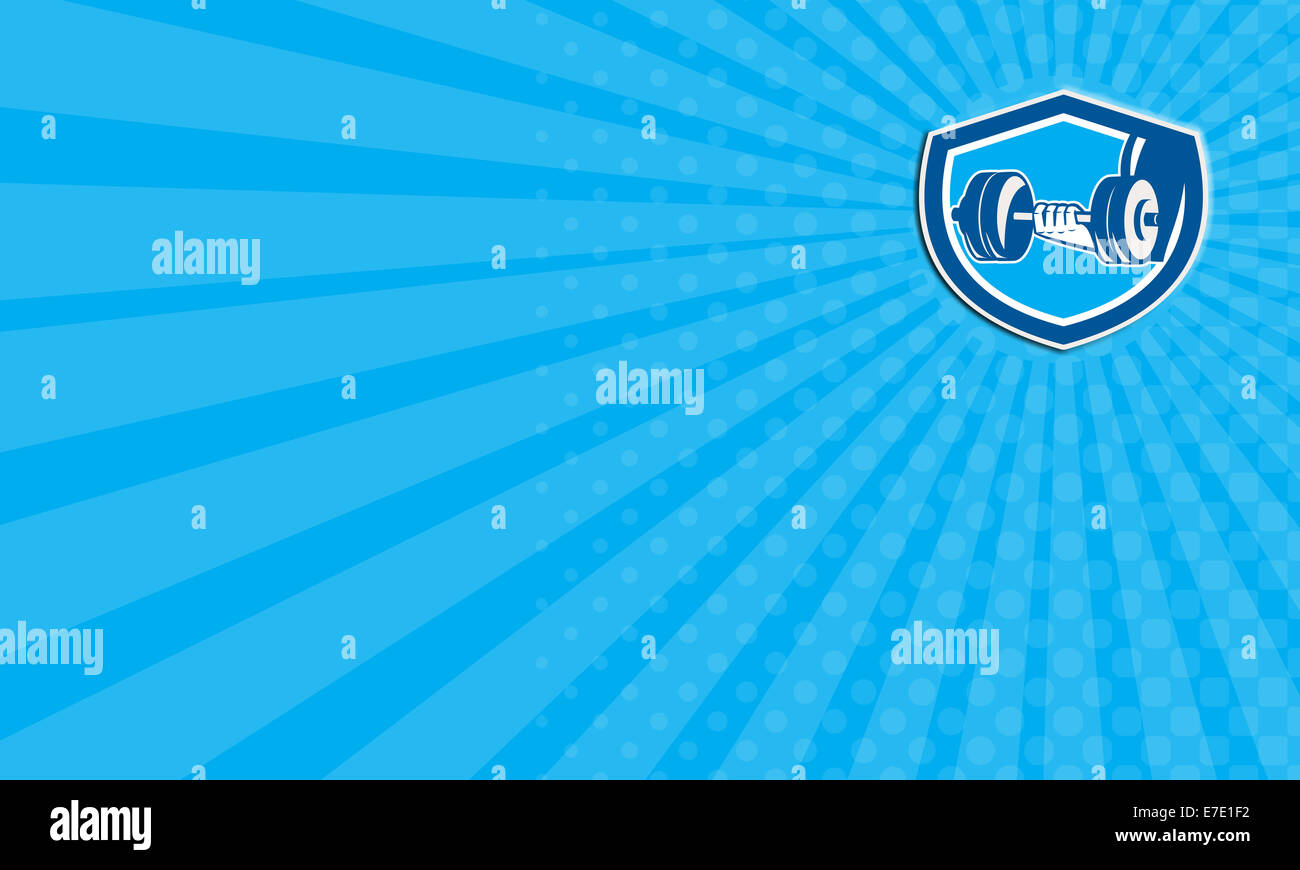 Business card mostra illustrazione di un lato di sollevamento di peso dumbbell training set all'interno della protezione crest fatto in stile retrò. Foto Stock